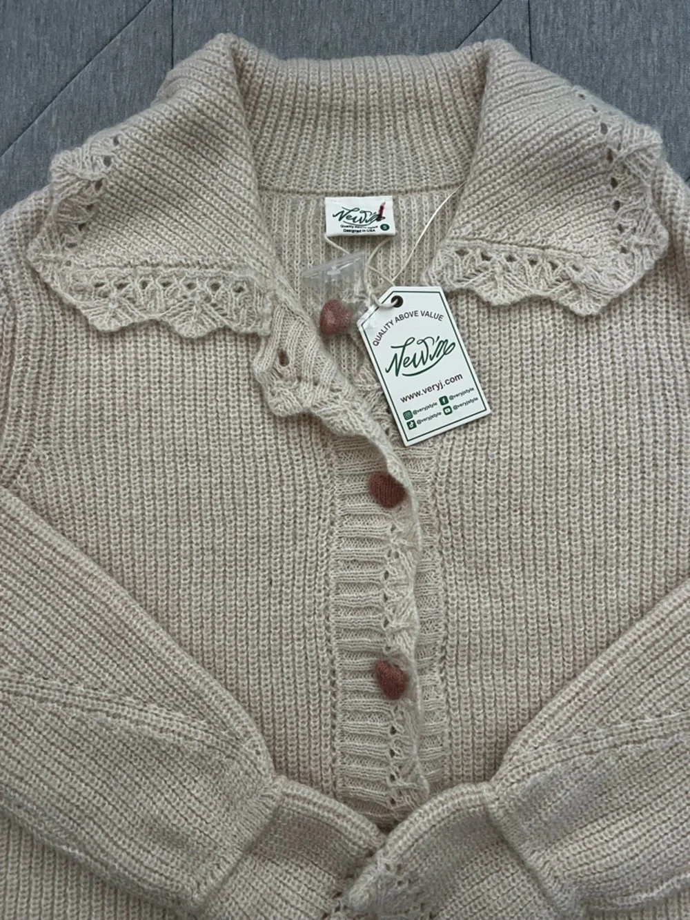 Vintage-Inspired Cream Knit Cardigan with Decorative Collar and heart buttons